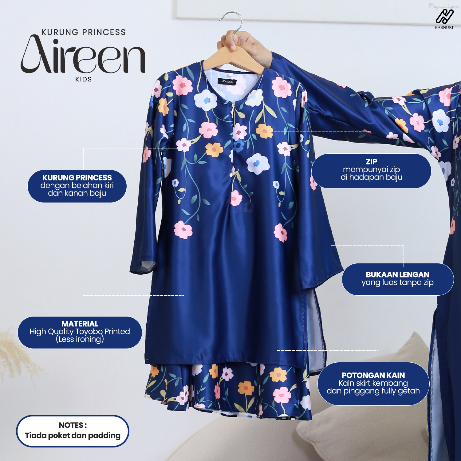 Kurung Princess Aireen Kids - Navy Blue