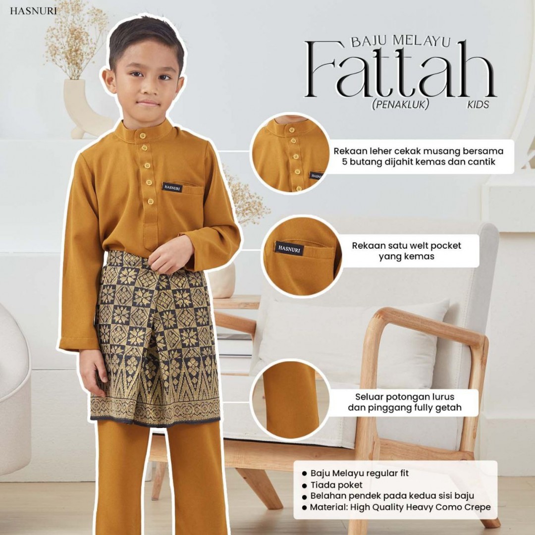 Baju Melayu Fattah Kids - Moss Yellow