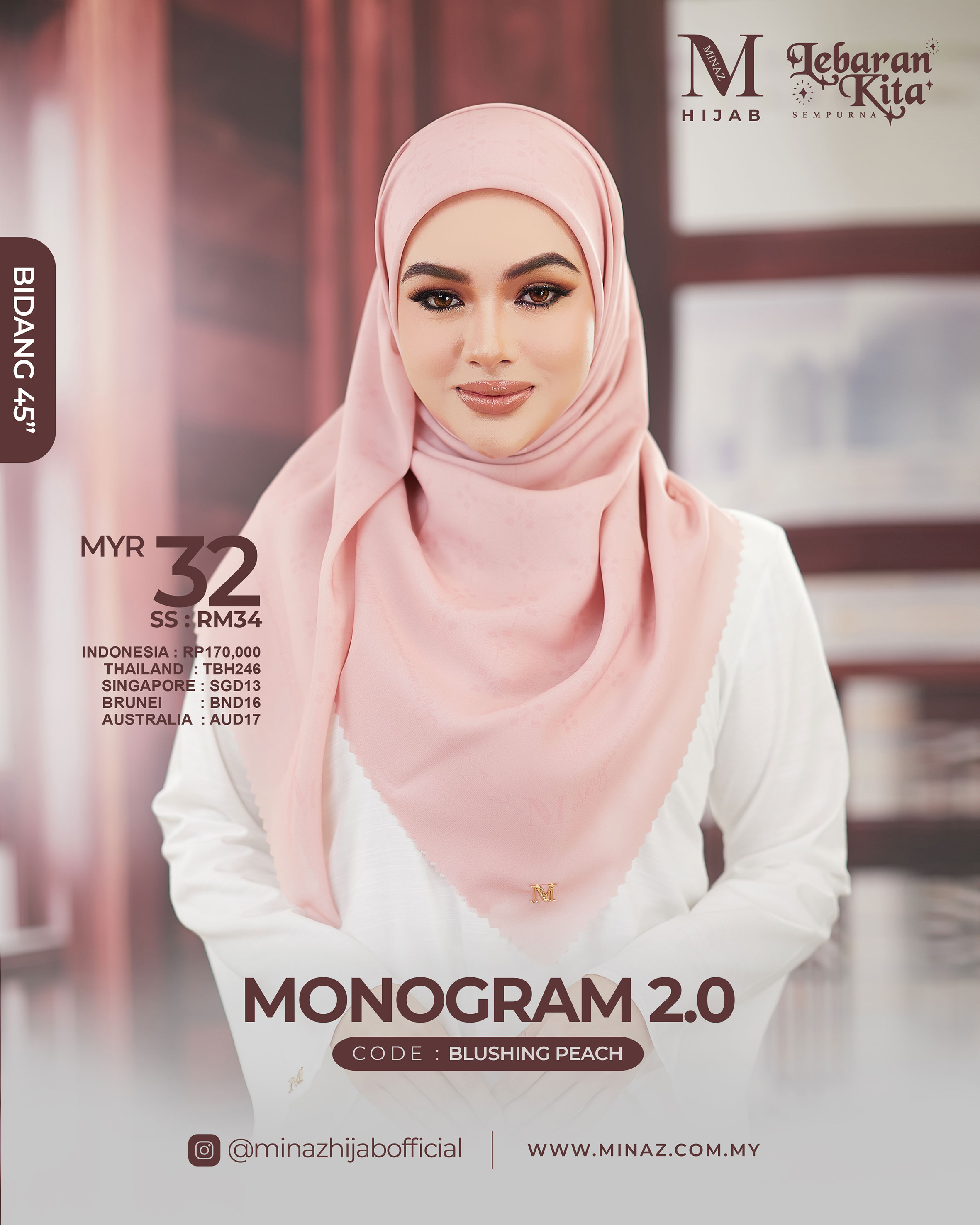 Tudung Bawal Monogram - Blushing Peach